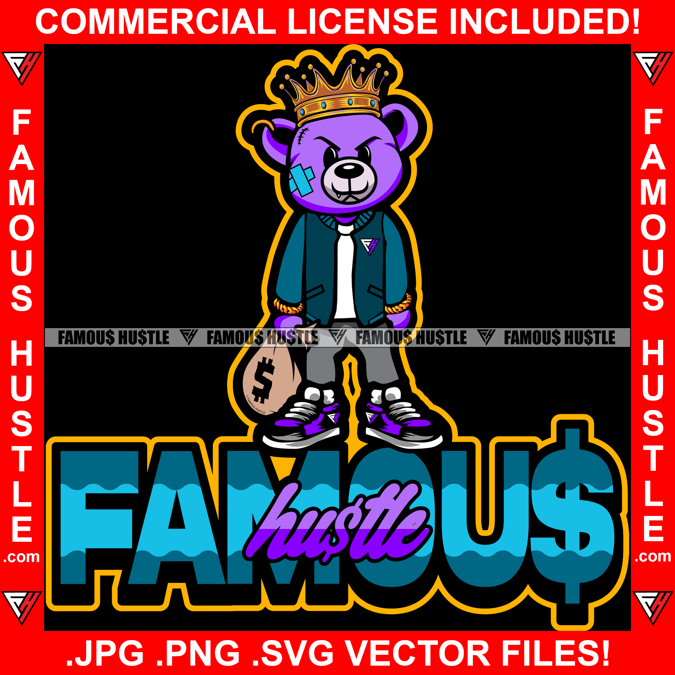 Famous Hustle Gangster Teddy Bear King Scar Face Sharp Fang Tooth Gold Jewelry Watch Necklace Mean Cash Money Bag Dripping Rapper Dope Baller Trapper Hustling Flex Dripping Quote Art Graphic Design Logo T-Shirt Print Printing JPG PNG SVG Vector Cut File