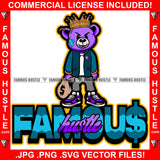 Famous Hustle Gangster Teddy Bear King Scar Face Sharp Fang Tooth Gold Jewelry Watch Necklace Mean Cash Money Bag Dripping Rapper Dope Baller Trapper Hustling Flex Dripping Quote Art Graphic Design Logo T-Shirt Print Printing JPG PNG SVG Vector Cut File