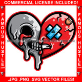 Broken Heart Half Skull Dripping Blood Bandages Face Heartless Angry Scary Mean Horror Hip Hop Rap Plug Trap Street Hood Ghetto Thug Hustler Hustling Drip Famous Hustle Rich Demon Rapper Trapper Art Graphic Design Logo Print Printing Vector SVG Cut File