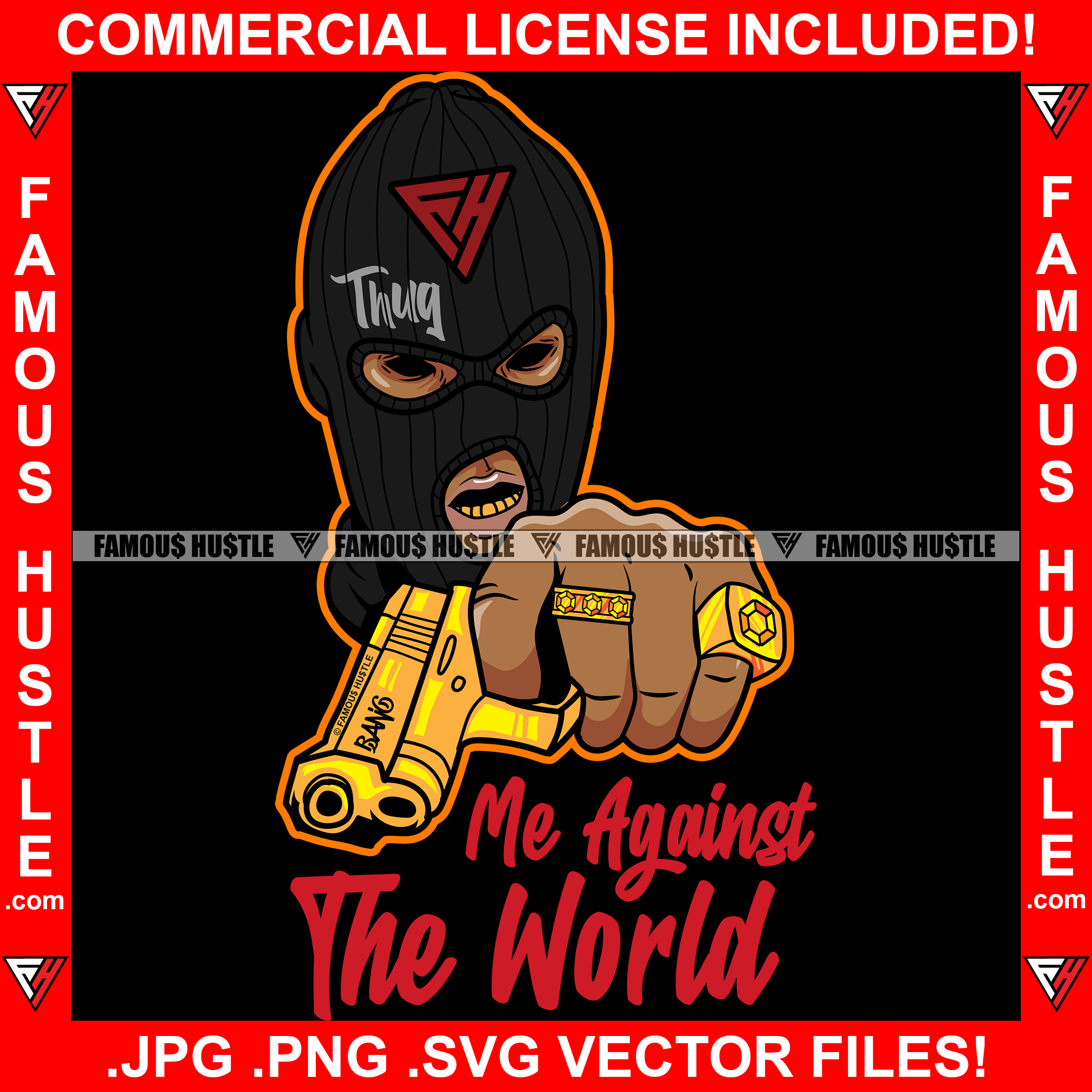 Me Against The World Gangster Black Man Ski Mask Thief Cash Tattoo Gol ...
