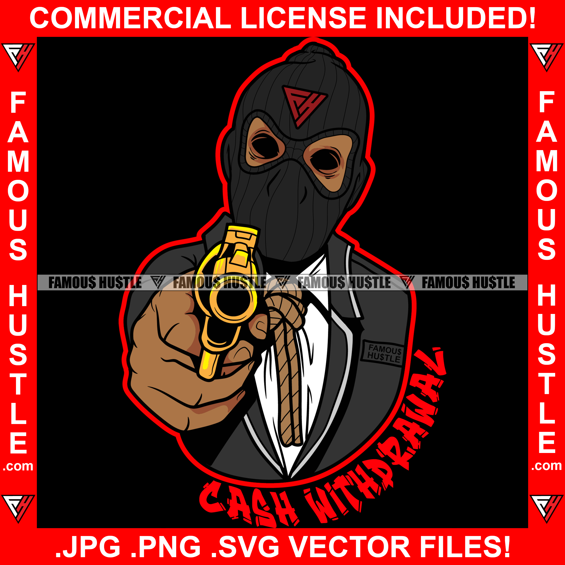 Cash Withdrawal Gangster Black Ski Mask Holding Gold Machine Gun 