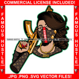 Famous Hustle Sexy Female Lady Gold Machine Gun Jewelry Yellow Eyes Red Nails Hip Hop Rap Rapper Street Hood Ghetto Thug Boss Hustler Savage Art Graphic Design Logo T-Shirt Print Printing JPG PNG SVG Vector Cut File