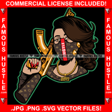 Famous Hustle Sexy Female Lady Gold Machine Gun Jewelry Yellow Eyes Red Nails Hip Hop Rap Rapper Street Hood Ghetto Thug Boss Hustler Savage Art Graphic Design Logo T-Shirt Print Printing JPG PNG SVG Vector Cut File