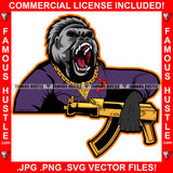 Back In Blood Gangster Gorilla Growling Ape Gold Jewelry Machine Gun Hip Hop Rap Rapper Plug Trap Street Hood Ghetto Swag Thug Hustler Hustling Famous Hustle Baller Trapper Art Graphic Design Logo T-Shirt Print Printing JPG PNG SVG Vector Cut File