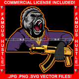 Back In Blood Gangster Gorilla Growling Ape Gold Jewelry Machine Gun Hip Hop Rap Rapper Plug Trap Street Hood Ghetto Swag Thug Hustler Hustling Famous Hustle Baller Trapper Art Graphic Design Logo T-Shirt Print Printing JPG PNG SVG Vector Cut File