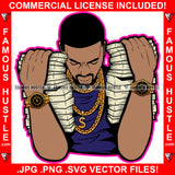 Dope Gangster Black Man Cash Stacks Both Hands Gold Jewelry Watches Dollar Sign Necklace Hip Hop Rap Trap Street Hood Ghetto Hustling Famous Hustle Baller Trapper Art Graphic Design Logo T-Shirt Print Printing JPG PNG SVG Vector Cut File