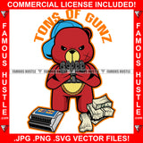 Tons Of Gunz Male Gangster Red Teddy Bear Gold Chain Necklace Pistol Guns Scar Face Cash Money Bundles Bullets Box Swag Thug Hustling Famous Hustle Baller Trapper Quote Art Graphic Design Logo T-Shirt Print Printing JPG PNG SVG Vector Cut File