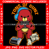 Tons Of Gunz Male Gangster Red Teddy Bear Gold Chain Necklace Pistol Guns Scar Face Cash Money Bundles Bullets Box Swag Thug Hustling Famous Hustle Baller Trapper Quote Art Graphic Design Logo T-Shirt Print Printing JPG PNG SVG Vector Cut File