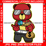 Fuck The World Male Gangster Red Teddy Bear Gold Chain Necklace Glasses Scar Face Cash Money Bag Globe Hip Hop Rap Trap Street Hood Ghetto Swag Thug Famous Hustle Trapper Art Graphic Design Logo T-Shirt Print Printing JPG PNG SVG Vector Cut File