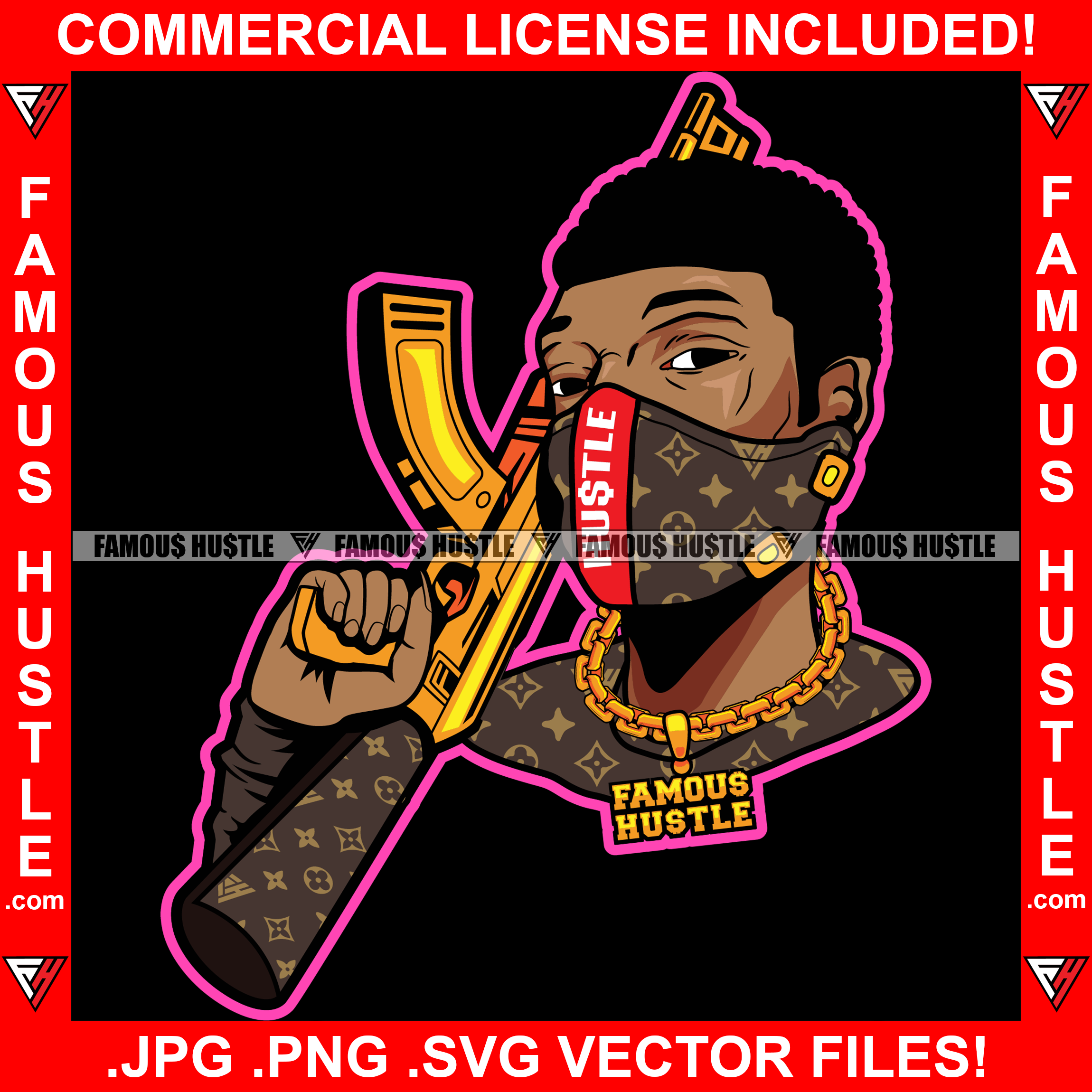 Street God Black Gangster Man Face Mask Gold Gun Jewelry Hip Hop 