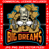Big Dreams Gangster 100 Dollar Bill Money Sitting On Bags Cap Sneakers Hip Hop Rap Rapper Plug Trap Street Hood Ghetto Swag Thug Hustler Hustling Famous Hustle Baller Trapper Quote Art Graphic Design Logo T-Shirt Print Printing JPG PNG SVG Vector Cut File