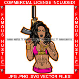 Sexy Gangster Lady Boss Bitch Female Sexy Dress Gold Jewelry Machine Gun Hand Body Tattoo Hip Hop Rap Plug Trap Street Hood Ghetto Hustler Hustling Drip Rich Thug Famous Hustle Art Graphic Design Logo Print Printing Vector SVG Cut File