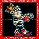 Famous Hustle King Gangster 100 Dollar Bill Money Roll Cash Stacks In Hands Sneakers Hip Hop Hat Cap Sneakers Hip Hop Rap Drip Plug Trap Hood Tattoo Cartoon Character Ghetto Quote Art Graphic Design Logo Print Printing Vector SVG Cut File