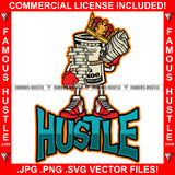 Hustle King Gangster 100 Dollar Bill Money Roll Cash Stacks Both Hands Sneakers Hip Hop Hat Cap Sneakers Hip Hop Rap Drip Plug Trap Hood Tattoo Cartoon Character Ghetto Art Graphic Design Logo Print Printing Vector SVG Cut File