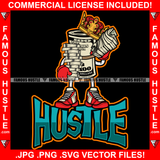 Hustle King Gangster 100 Dollar Bill Money Roll Cash Stacks Both Hands Sneakers Hip Hop Hat Cap Sneakers Hip Hop Rap Drip Plug Trap Hood Tattoo Cartoon Character Ghetto Art Graphic Design Logo Print Printing Vector SVG Cut File