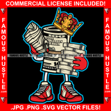 Famous Hustle King Gangster 100 Dollar Bill Money Roll Cash Stacks Both Hand Red Gloves Sneakers Hip Hop Hat Cap Sneakers Hip Hop Rap Drip Plug Trap Hood Tattoo Cartoon Character Ghetto Art Graphic Design Logo Print Printing Vector SVG Cut File