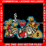 King Gangster 100 Dollar Bill Money Roll Cash Bags Cigar Smoking Dollar Sign Smoke Red Gloves Sneakers Hip Hop Hat Cap Sneakers Hip Hop Rap Drip Plug Trap Hood Tattoo Cartoon Character Ghetto Art Graphic Design Logo Print Printing Vector SVG Cut File