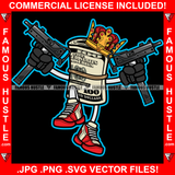 King Gangster 100 Dollar Bill Money Roll Cash Bags Machine Guns Pointing Red Gloves Sneakers Hip Hop Hat Cap Sneakers Hip Hop Rap Drip Plug Trap Hood Tattoo Cartoon Character Ghetto Art Graphic Design Logo Print Printing Vector SVG Cut File