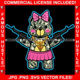 Adorable Female Gangster Teddy Bear Girl Dollar $100 Bill Pattern Clothes Outfit Gold Jewelry Pink Bow Machine Gun Tattoo Hip Hop Rap Street Hustler Hustling Drip Rich Art Graphic Design Logo Print Printing Vector SVG Cut File