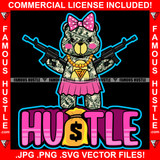 Hustle Adorable Female Gangster Teddy Bear Girl Dollar $100 Bill Pattern Clothes Outfit Gold Jewelry Pink Bow Machine Guns Tattoo Hip Hop Rap Street Hustler Hustling Drip Rich Quote Art Graphic Design Logo Print Printing Vector SVG Cut File