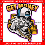 Get Money Gangster President Ben Franklin Face Holding Cell Phone Cash Money Stack Cap Gold Jewelry Coins Tattoo Hip Hop Rap Plug Trap Street Hood Ghetto Thug Drip Savage Famous Hustle Badass Quote Art Graphic Design Print Printing Vector SVG Cut File