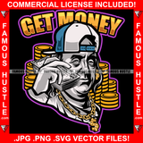 Get Money Gangster President Ben Franklin Face Holding Cell Phone Cash Money Stack Cap Gold Jewelry Coins Tattoo Hip Hop Rap Plug Trap Street Hood Ghetto Thug Drip Savage Famous Hustle Badass Quote Art Graphic Design Print Printing Vector SVG Cut File