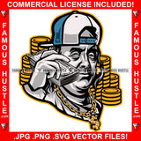 Get Money Gangster President Ben Franklin Face Holding Cell Phone Cash Money Stack Cap Gold Jewelry Coins Tattoo Hip Hop Rap Plug Trap Street Hood Ghetto Thug Hustler Drip Savage Famous Hustle Badass Art Graphic Design Print Printing Vector SVG Cut File