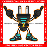 Plug Socket Electrical Cartoon Character Gold Jewelry Necklace Sneakers Showing Fingers Hip Hop Rap Hustler Drip Trap Hood Thug Gang Street Ghetto Art Graphic Design Logo T-Shirt Print Printing JPG PNG SVG Vector Cut File