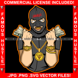 Money & Power Man Ski Mask Two Cash Money Stacks Male Robber White Eyes Face Mask Gold Teeth Jewelry Hip Hop Rap Plug Street Gang Famous Hustle Art Graphic Design Logo T-Shirt Print Printing JPG PNG SVG Vector Cut File