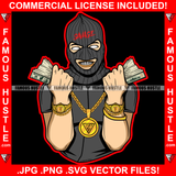 Cash Hunter Man Ski Mask Two Cash Money Stacks Male Robber White Eyes Face Mask Gold Teeth Jewelry Hip Hop Rap Plug Street Gang Famous Hustle Art Graphic Design Logo T-Shirt Print Printing JPG PNG SVG Vector Cut File