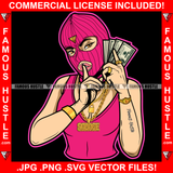 Famous Hustle Sexy Gangster Woman Ski Mask Female Money Stack Phone Shhh Sign Finger Hip Hop Street Hood Ghetto Thug Drip Savage Pinup Pin Up Hot Art Graphic Design Logo T-Shirt Print Printing JPG PNG SVG Vector Cut File