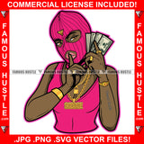 Famous Hustle Sexy Gangster Woman Pink Ski Mask Female Money Stack Phone Shhh Sign Finger Hip Hop Street Hood Ghetto Thug Drip Savage Pinup Pin Up Hot Art Graphic Design Logo T-Shirt Print Printing JPG PNG SVG Vector Cut File