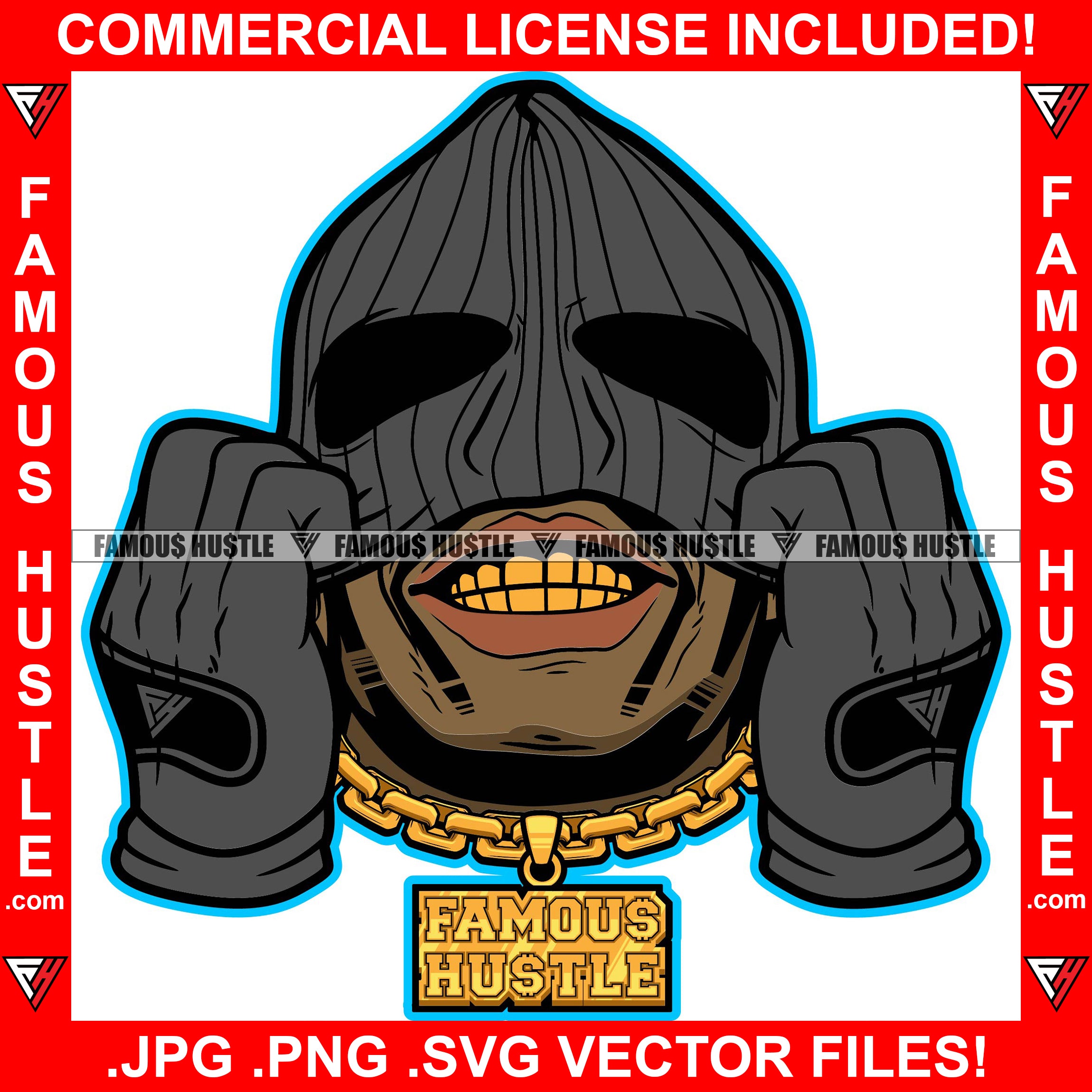 Gangster Man Wearing Black Ski Mask No Eyes Gold Teeth Necklace Hip Hop Rap Rapper Plug Trap Street Hood Ghetto Swag Thug Hustler Hustling Famous Hustle Baller Trapper Art Graphic Design Logo T-Shirt Print Printing JPG PNG SVG Vector Cut File