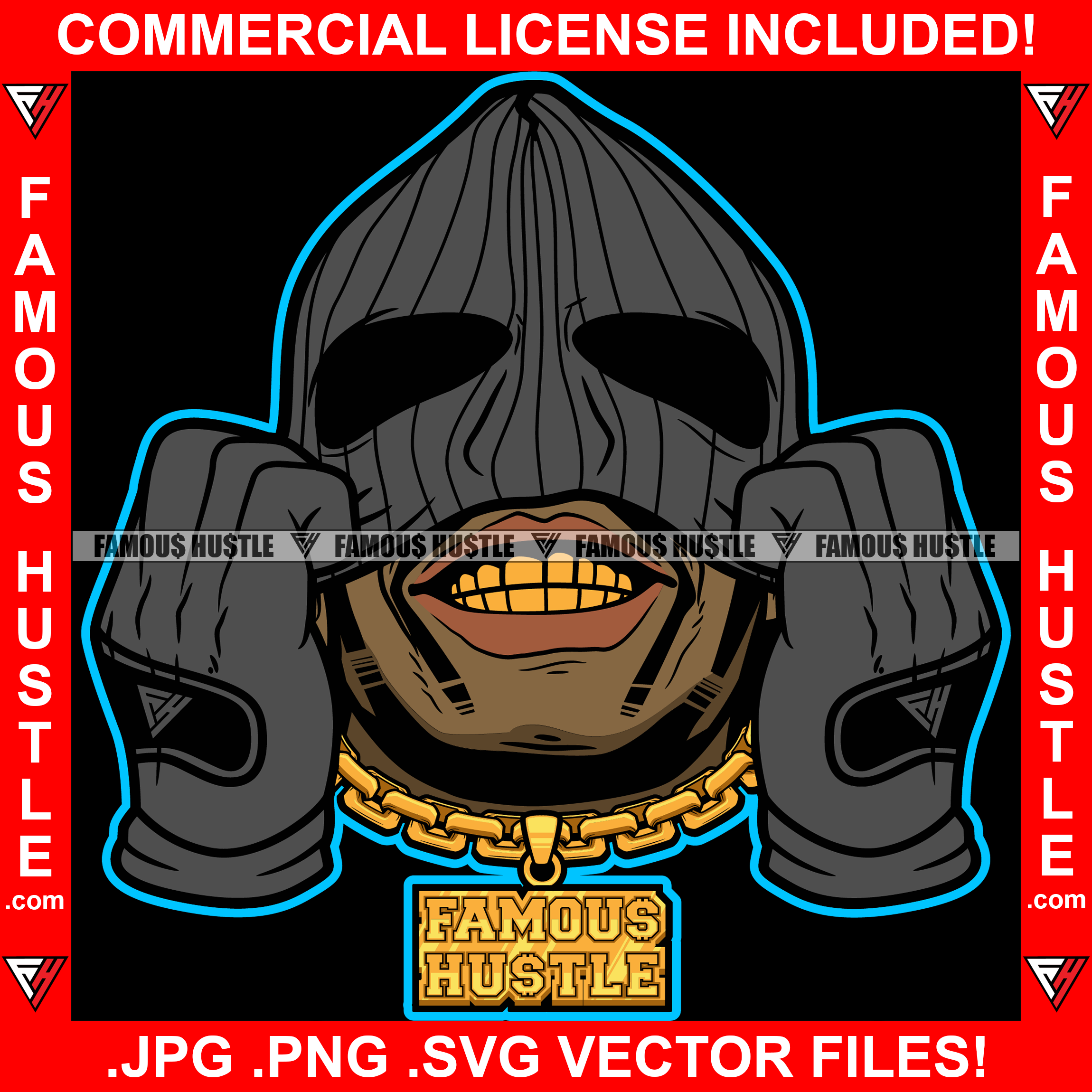 Gangster Man Wearing Black Ski Mask No Eyes Gold Teeth Necklace Hip Hop Rap Rapper Plug Trap Street Hood Ghetto Swag Thug Hustler Hustling Famous Hustle Baller Trapper Art Graphic Design Logo T-Shirt Print Printing JPG PNG SVG Vector Cut File
