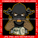 Gang Culture Gangster Man Ski Mask Showing Gold Teeth Machine Guns Cash Money Roll Hip Hop Rap Plug Trap Hood Ghetto Swag Thug Hustler Hustling Famous Hustle Baller Trapper Art Graphic Design Logo T-Shirt Print Printing JPG PNG SVG Vector Cut File