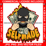 Selfmade Dripping Gangster Man Ski Mask Showing Gold Teeth White Eyes Fire Cash Money Roll Hip Hop Rap Plug Trap Hood Ghetto Swag Thug Famous Hustle Baller Trapper Quote Art Graphic Design Logo T-Shirt Print Printing JPG PNG SVG Vector Cut File