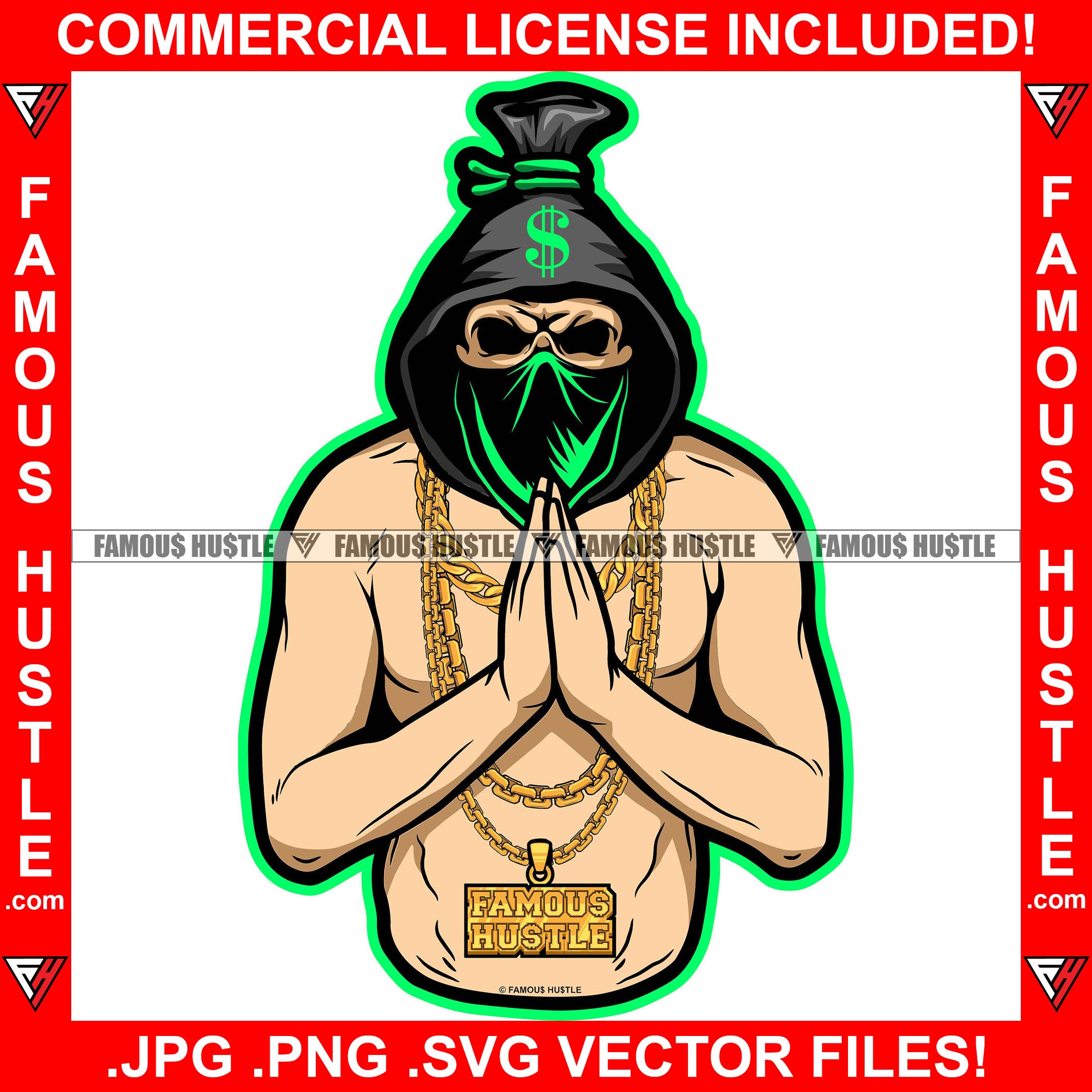Gangster Money Bag Cartoon Character Skull Hoodie Face Mask Black Hooded Praying Hands Gold Jewelry Hip Hop Plug Trap Street Hood Ghetto Swag Thug Boss Hustler Drip Famous Hustle Art Graphic Design Logo T-Shirt Print Printing JPG PNG SVG Vector Cut File