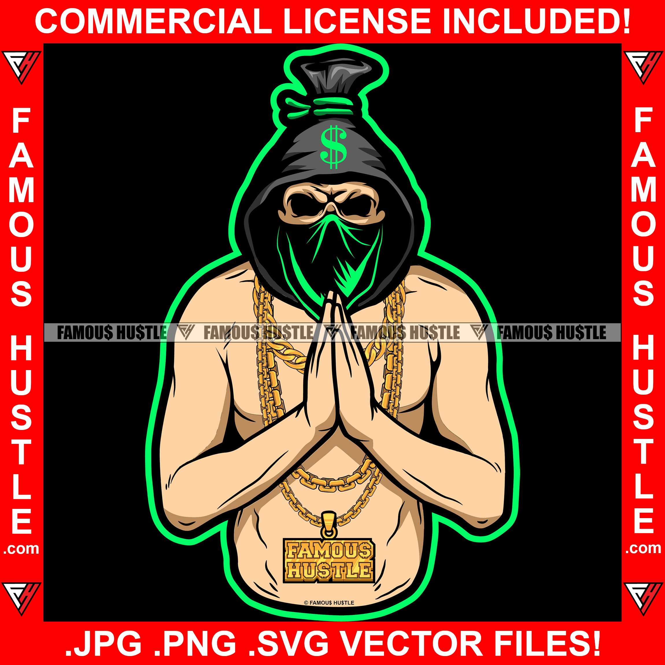 Gangster Money Bag Cartoon Character Skull Hoodie Face Mask Black Hooded Praying Hands Gold Jewelry Hip Hop Plug Trap Street Hood Ghetto Swag Thug Boss Hustler Drip Famous Hustle Art Graphic Design Logo T-Shirt Print Printing JPG PNG SVG Vector Cut File
