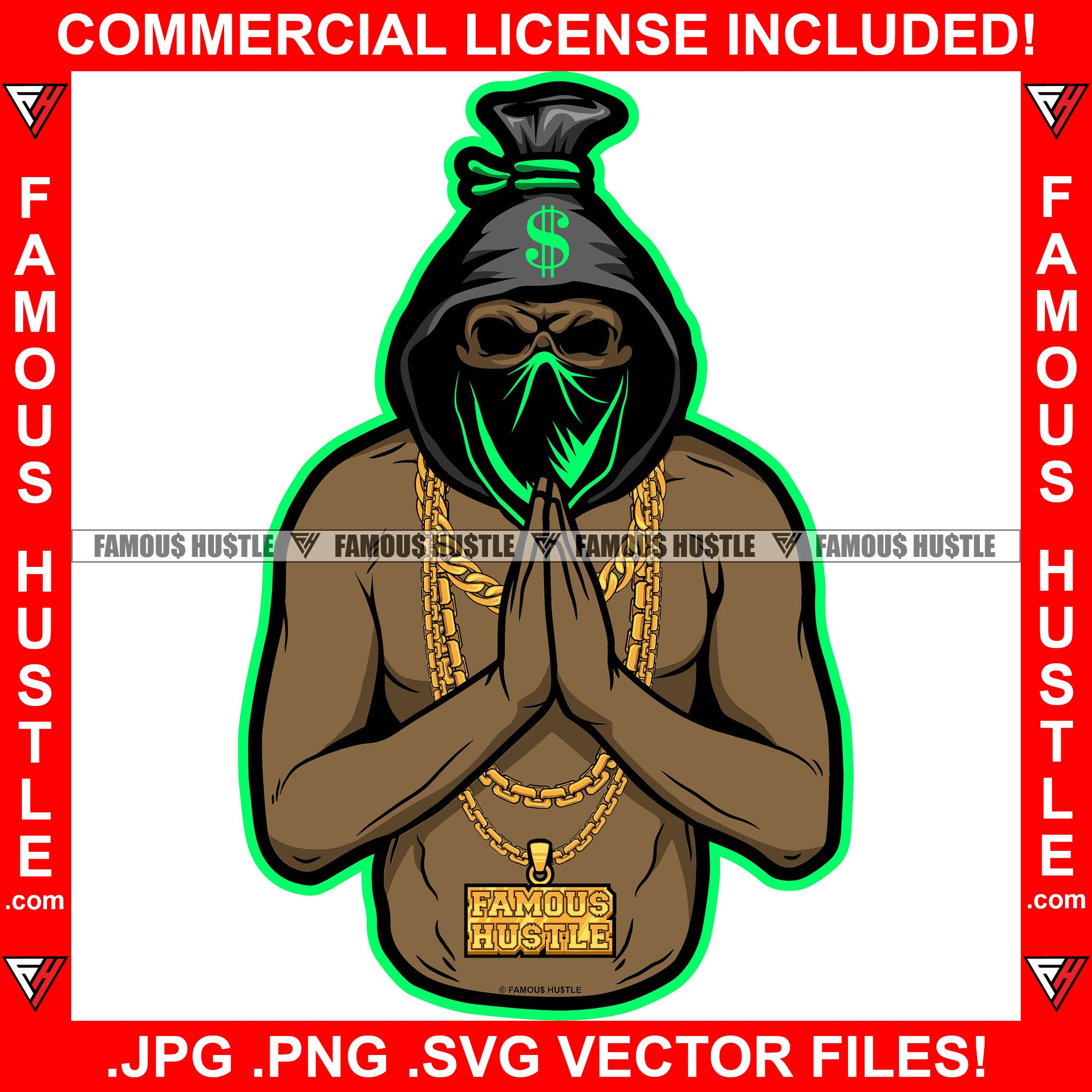 Black Gangster Money Bag Cartoon Character Skull Hoodie Face Mask Black Hooded Praying Hands Gold Jewelry Hip Hop Trap Street Hood Ghetto Swag Thug Boss Hustler Drip Famous Hustle Art Graphic Design Logo T-Shirt Print Printing JPG PNG SVG Vector Cut File