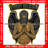 Street Religion Gangster Demon Wearing Ski Mask Praying Gold Chain Hip Hop Rap Rapper Plug Trap Street Hood Ghetto Thug Boss Grind Gangsta Gang Member Famous Hustle Quote Art Graphic Design Logo T-Shirt Print Printing JPG PNG SVG Vector Cut File