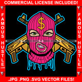 Savage Dripping Sexy Gangster Woman Pink Ski Mask Dollar Sign Gold Jewelry Machine Gun Mean Face Hip Hop Rap Lady Street Ghetto Swag Thug Hustling Flex Drip